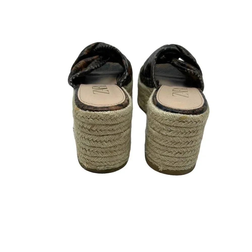 Zara Brown Snakeskin Jute Espadrille Platform Slide Sandals Size 39 /‎ US 8.5
